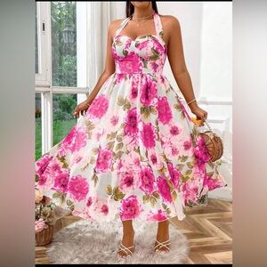 SHEIN Pink Floral Sweetheart Midi Dress